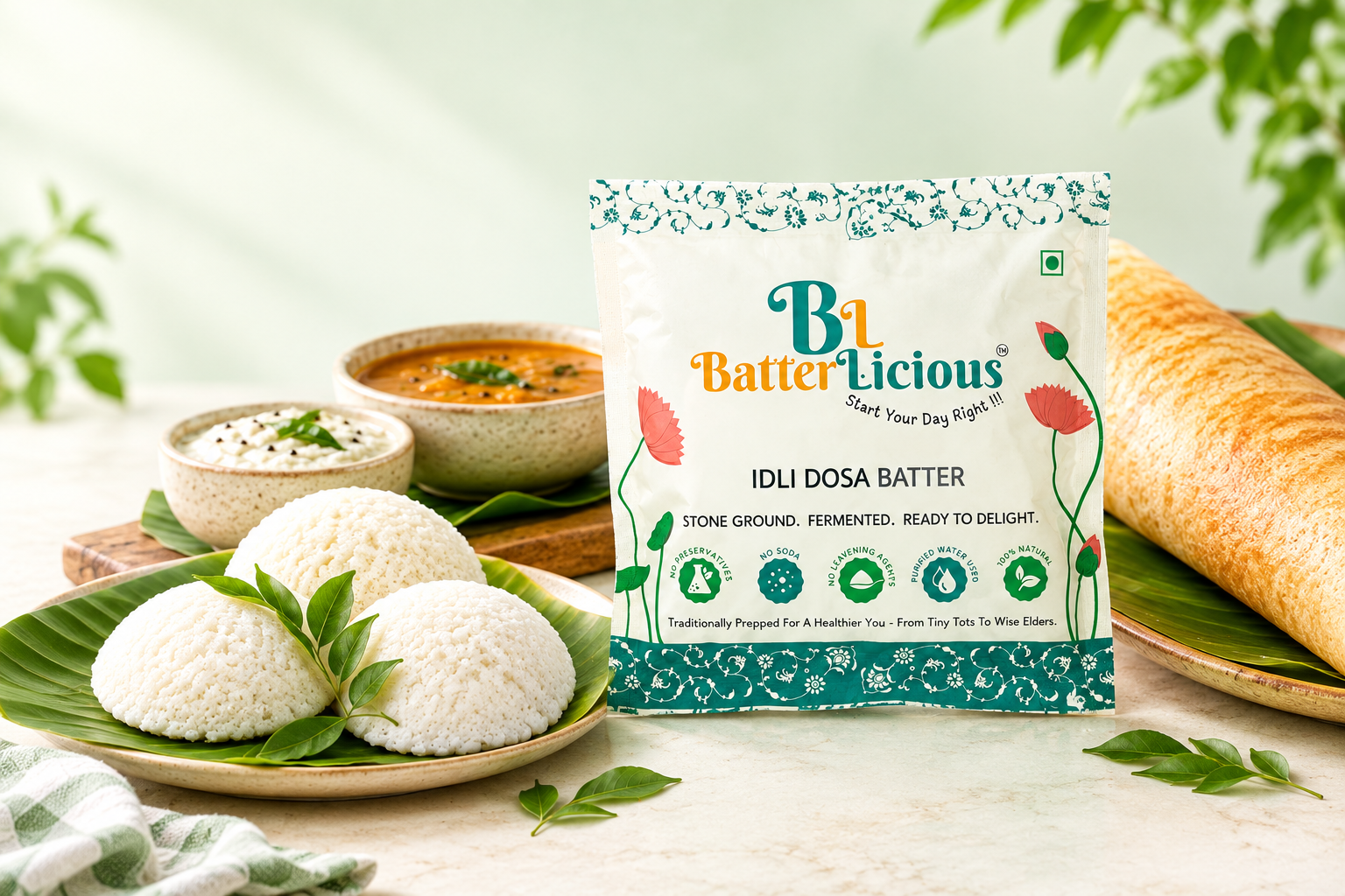 BatterLicious Idli Dosa Batter pack with idlis and dosa